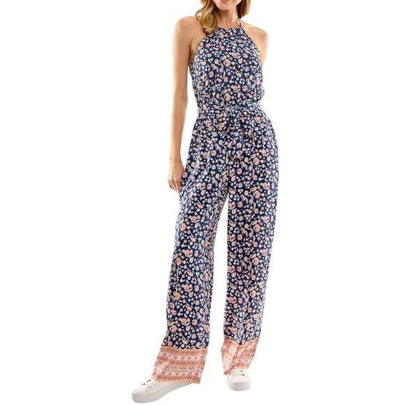 Kingston Grey Women's Floral Sleeveless Juniors Halter Wide-Leg Jumpsuit- S - Picture 1 of 11